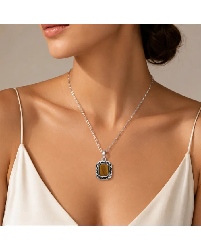 925 Sterling Silver Tiger Eye Pendant – Handmade Dainty Jewelry for Her