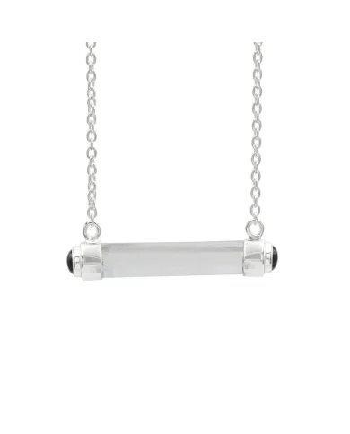Lemurian Quartz & Black Onyx Bar Pendant Necklace 925 Sterling Silver