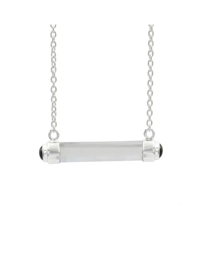 Lemurian Quartz & Black Onyx Bar Pendant Necklace 925 Sterling Silver