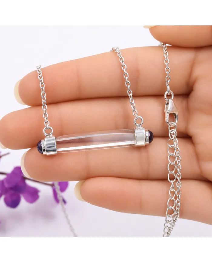 Lemurian Quartz & Black Onyx Bar Pendant Necklace 925 Sterling Silver