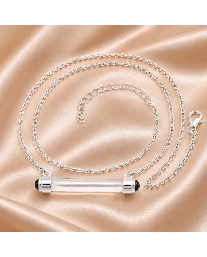 Lemurian Quartz & Black Onyx Bar Pendant Necklace 925 Sterling Silver