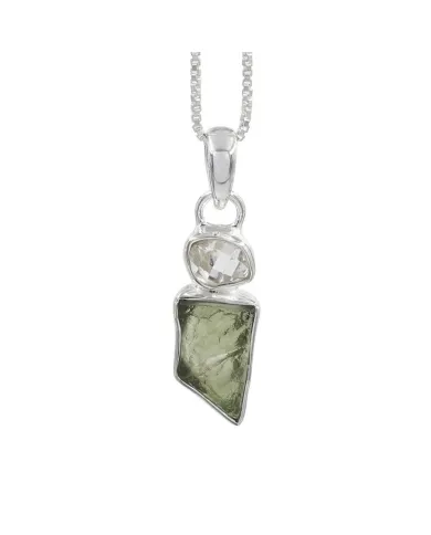 Raw Moldavite and Herkimer Diamond Pendant - 925 Sterling Silver