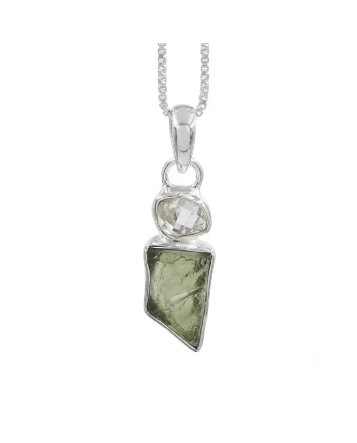 Raw Moldavite and Herkimer Diamond Pendant - 925 Sterling Silver