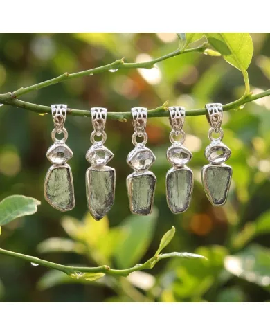 Raw Moldavite and Herkimer Diamond Pendant - 925 Sterling Silver