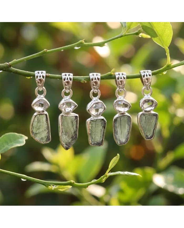 Raw Moldavite and Herkimer Diamond Pendant - 925 Sterling Silver
