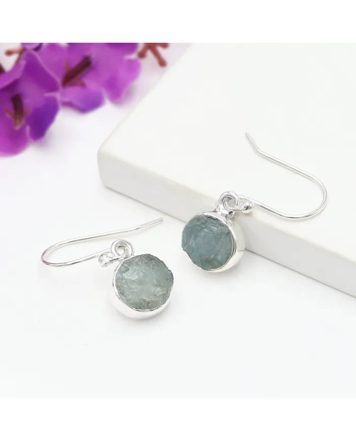 Raw Aquamarine Gemstone Sterling Silver Earrings - Handmade Dangle Jewelry
