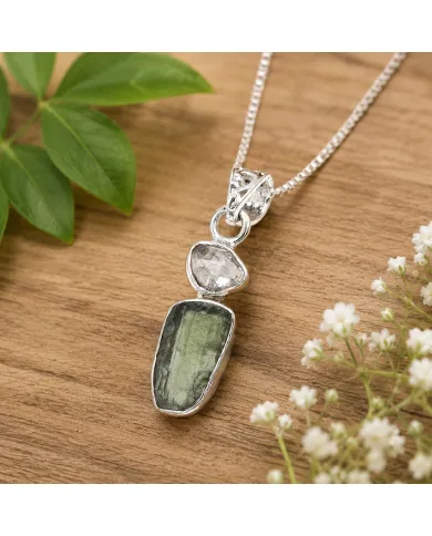 Raw Moldavite and Herkimer Diamond Pendant - 925 Sterling Silver