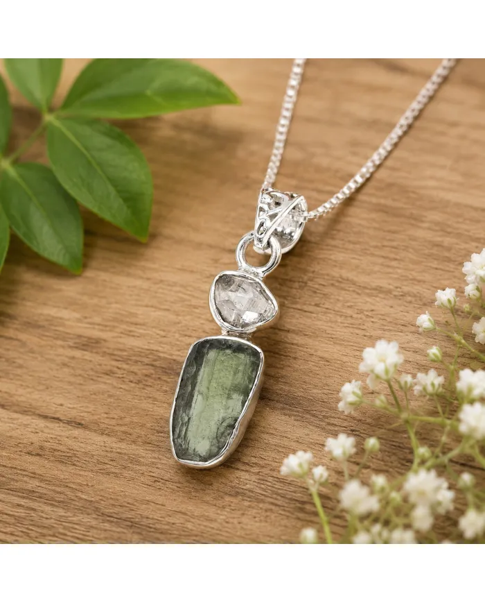 Raw Moldavite and Herkimer Diamond Pendant - 925 Sterling Silver