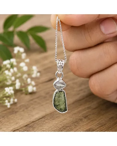 Raw Moldavite and Herkimer Diamond Pendant - 925 Sterling Silver