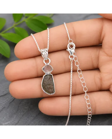 Raw Moldavite and Herkimer Diamond Pendant - 925 Sterling Silver