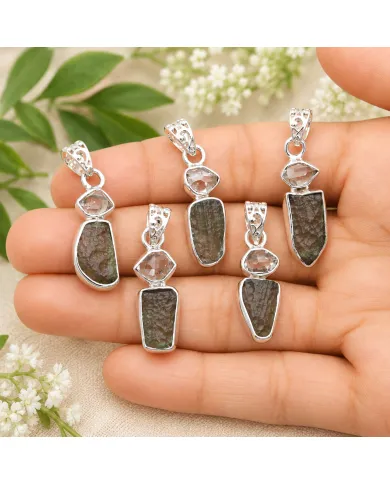 Raw Moldavite and Herkimer Diamond Pendant - 925 Sterling Silver