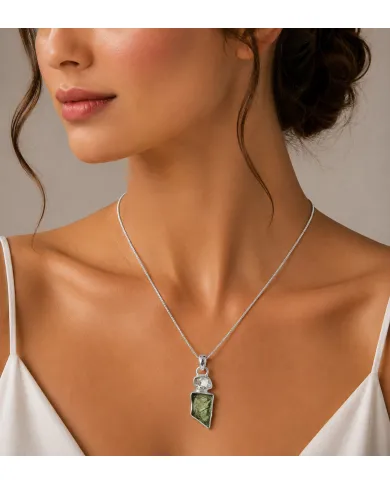 Raw Moldavite and Herkimer Diamond Pendant - 925 Sterling Silver
