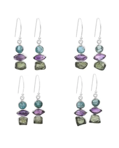 Moldavite, Amethyst & Apatite Earrings - 925 Sterling Silver Jewelry