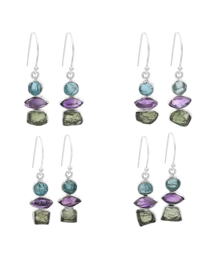 Moldavite, Amethyst & Apatite Earrings - 925 Sterling Silver Jewelry