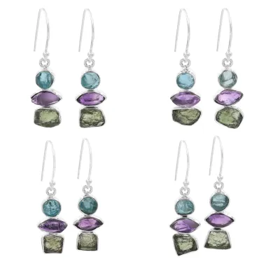 Moldavite, Amethyst & Apatite Earrings - 925 Sterling Silver Jewelry