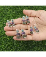 Moldavite, Amethyst & Apatite Earrings - 925 Sterling Silver Jewelry