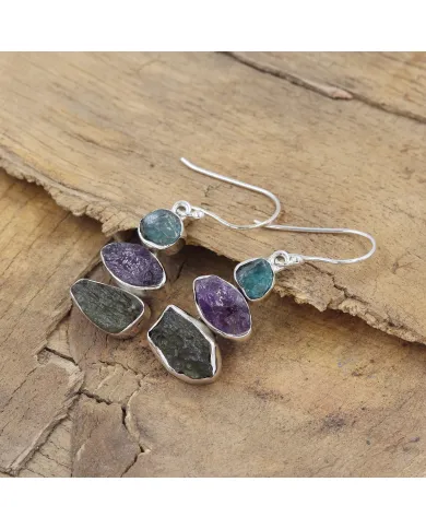 Moldavite, Amethyst & Apatite Earrings - 925 Sterling Silver Jewelry