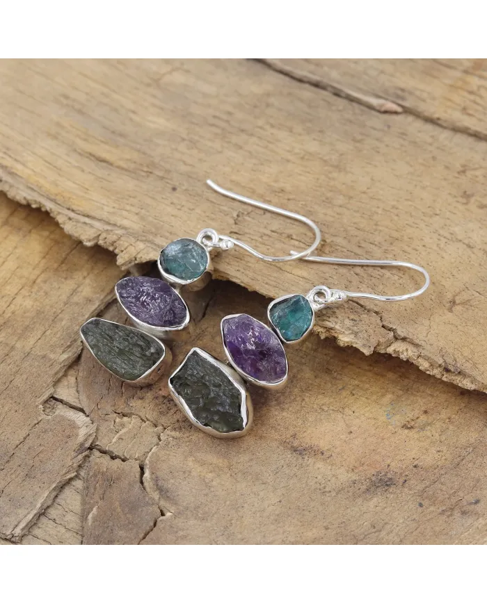 Moldavite, Amethyst & Apatite Earrings - 925 Sterling Silver Jewelry