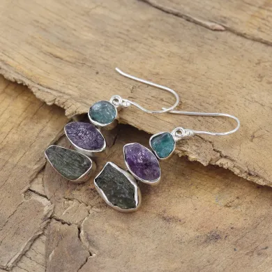 Moldavite, Amethyst & Apatite Earrings - 925 Sterling Silver Jewelry