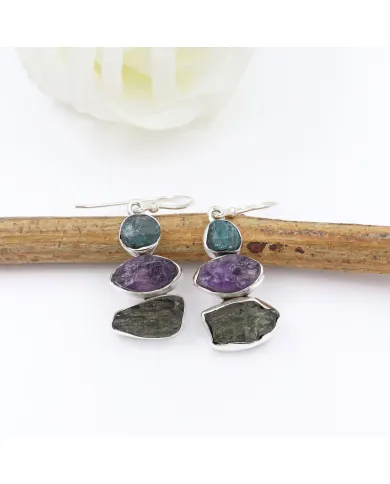Moldavite, Amethyst & Apatite Earrings - 925 Sterling Silver Jewelry
