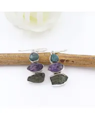 Moldavite, Amethyst & Apatite Earrings - 925 Sterling Silver Jewelry