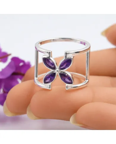 925 Sterling Silver Amethyst Cuff Ring | Gemstone Floral Jewelry Gift