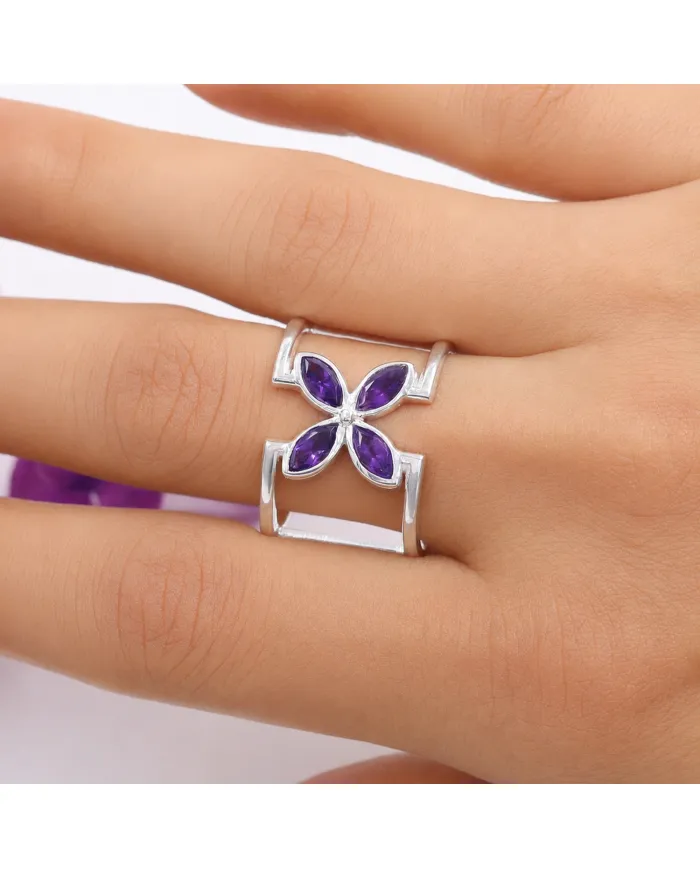 925 Sterling Silver Amethyst Cuff Ring | Gemstone Floral Jewelry Gift