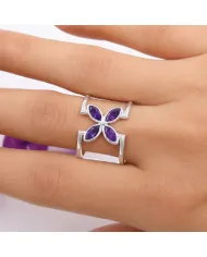 925 Sterling Silver Amethyst Cuff Ring | Gemstone Floral Jewelry Gift