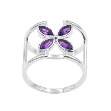 925 Sterling Silver Amethyst Cuff Ring | Gemstone Floral Jewelry Gift