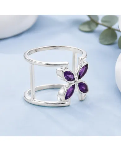925 Sterling Silver Amethyst Cuff Ring | Gemstone Floral Jewelry Gift