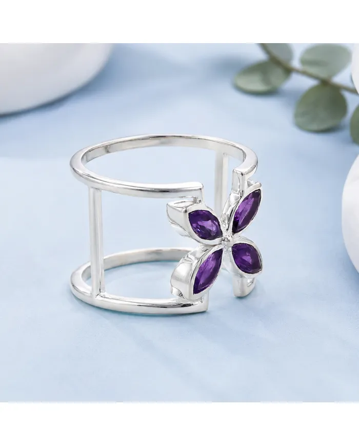925 Sterling Silver Amethyst Cuff Ring | Gemstone Floral Jewelry Gift