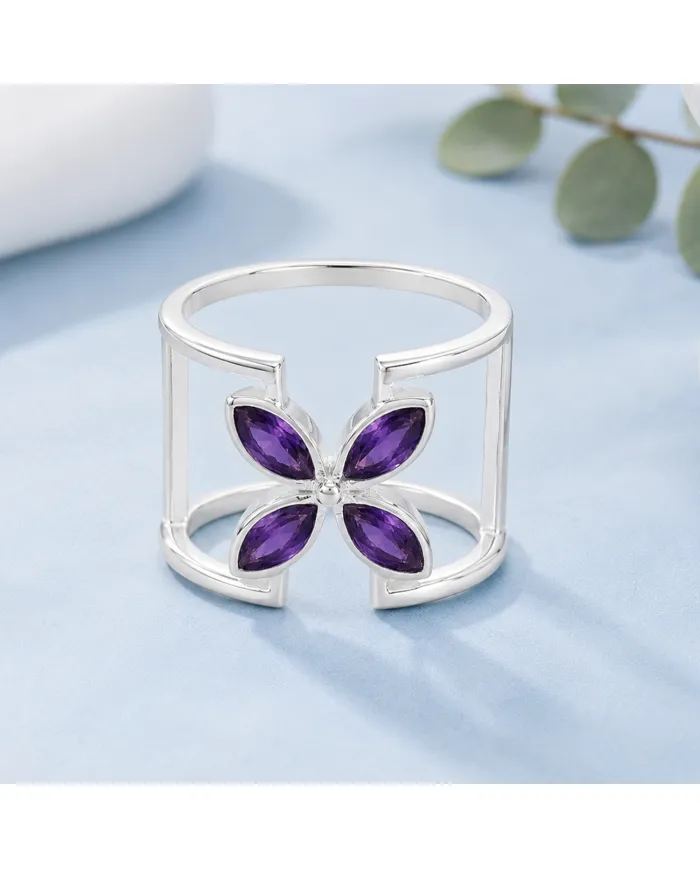 925 Sterling Silver Amethyst Cuff Ring | Gemstone Floral Jewelry Gift