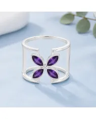 925 Sterling Silver Amethyst Cuff Ring | Gemstone Floral Jewelry Gift