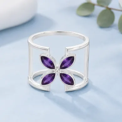 925 Sterling Silver Amethyst Cuff Ring | Gemstone Floral Jewelry Gift