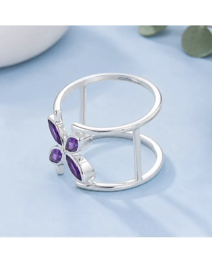 925 Sterling Silver Amethyst Cuff Ring | Gemstone Floral Jewelry Gift