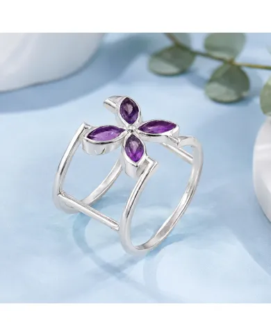 925 Sterling Silver Amethyst Cuff Ring | Gemstone Floral Jewelry Gift