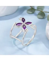 925 Sterling Silver Amethyst Cuff Ring | Gemstone Floral Jewelry Gift
