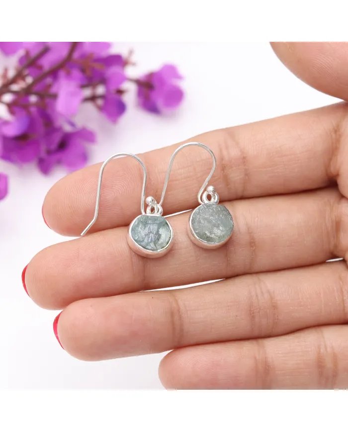 Raw Aquamarine Gemstone Sterling Silver Earrings - Handmade Dangle Jewelry