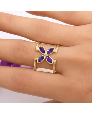 Amethyst Birthstone Cuff Ring | 18K Gold Plated 925 Silver
