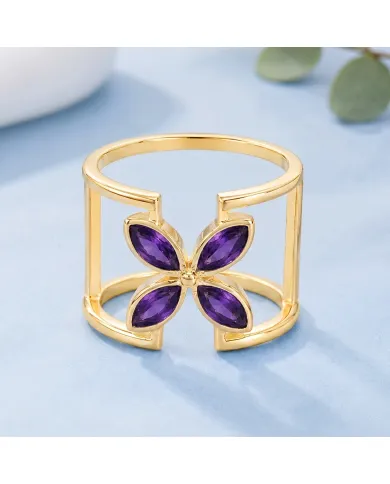 Amethyst Birthstone Cuff Ring | 18K Gold Plated 925 Silver