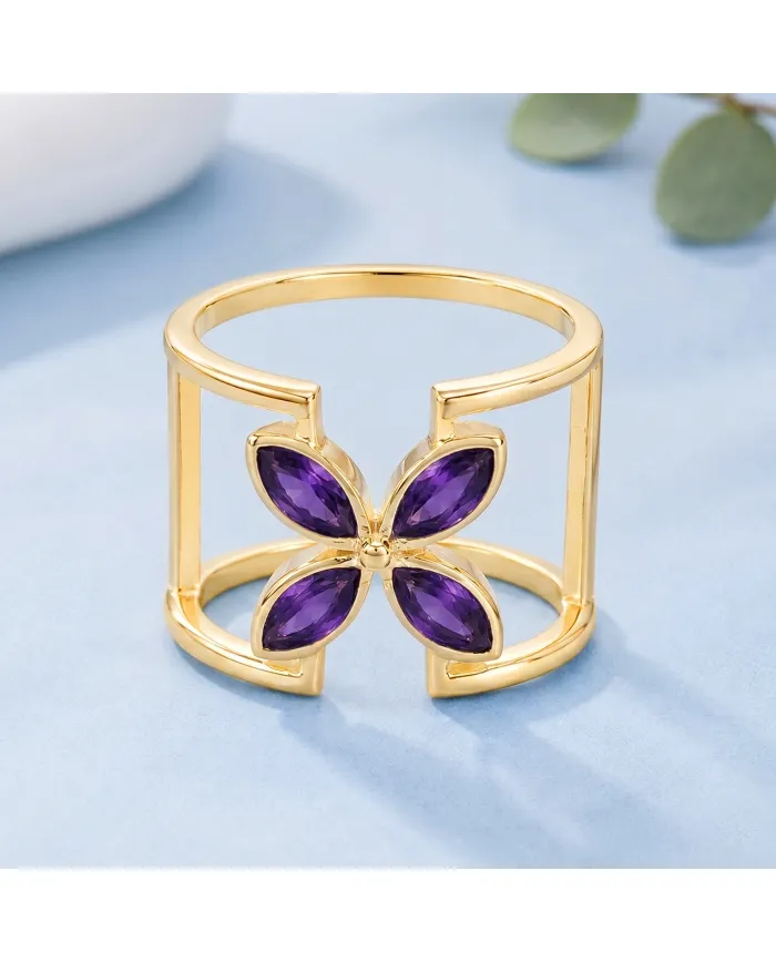 Amethyst Birthstone Cuff Ring | 18K Gold Plated 925 Silver
