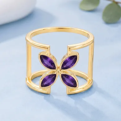 Amethyst Birthstone Cuff Ring | 18K Gold Plated 925 Silver