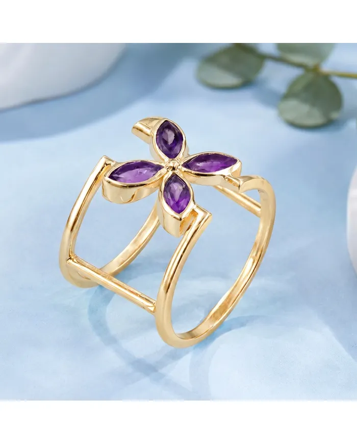 Amethyst Birthstone Cuff Ring | 18K Gold Plated 925 Silver