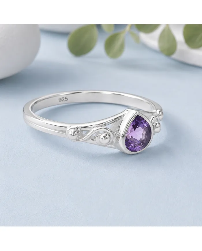 Pear-Shaped Amethyst Ring - 925 Sterling Silver Gemstone Jewelry