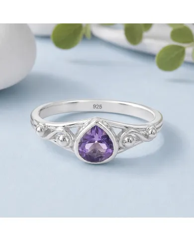 Pear-Shaped Amethyst Ring - 925 Sterling Silver Gemstone Jewelry