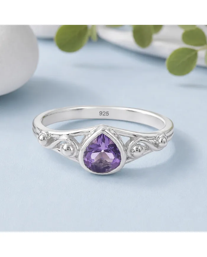 Pear-Shaped Amethyst Ring - 925 Sterling Silver Gemstone Jewelry