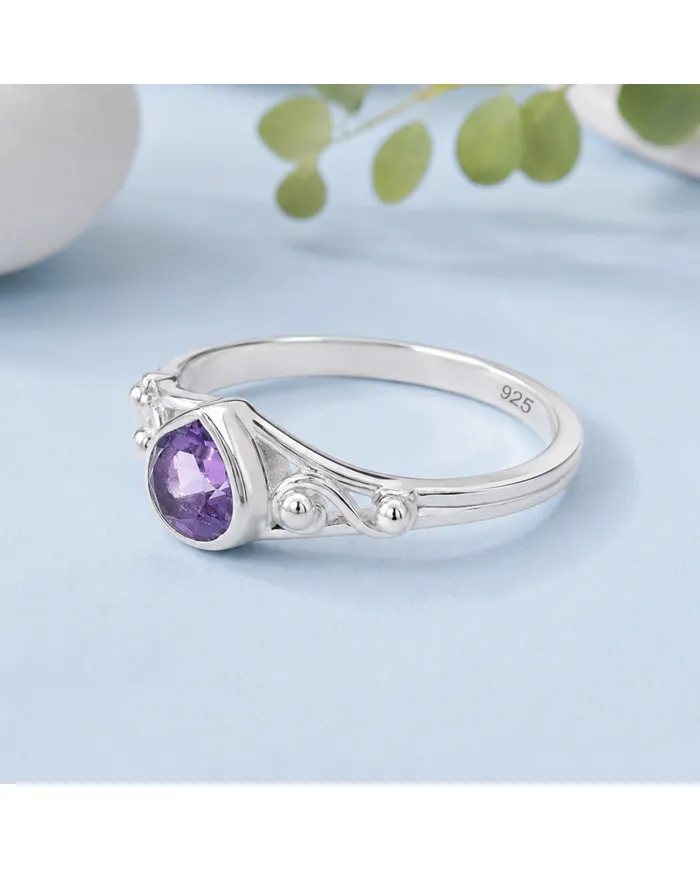 Pear-Shaped Amethyst Ring - 925 Sterling Silver Gemstone Jewelry