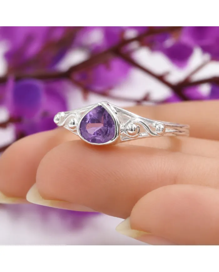 Pear-Shaped Amethyst Ring - 925 Sterling Silver Gemstone Jewelry