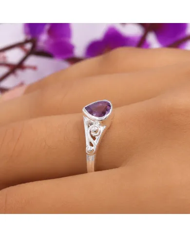 Pear-Shaped Amethyst Ring - 925 Sterling Silver Gemstone Jewelry