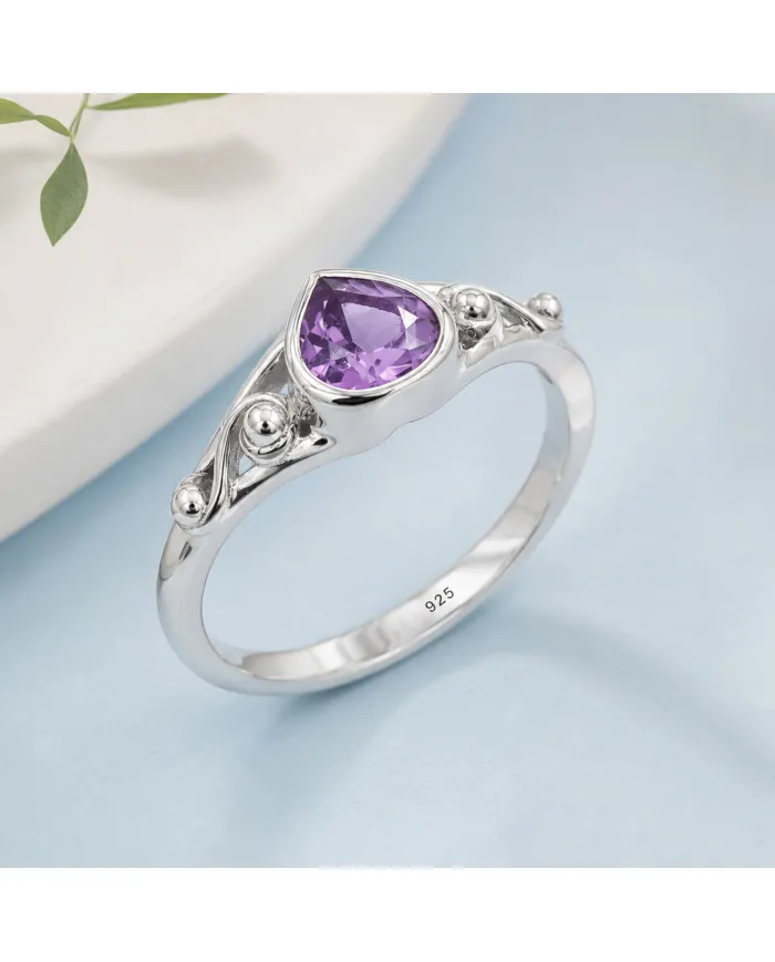 Pear-Shaped Amethyst Ring - 925 Sterling Silver Gemstone Jewelry